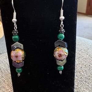 Hand Crafted Cloisonné, Hematite, and Malachite Beaded Earrings